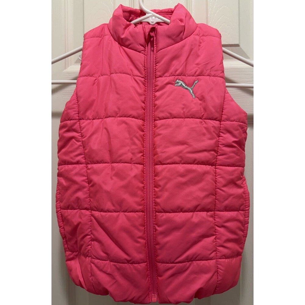 Puma Kids Girls Full Zip Puffer Vest Sleeveless Jacket Neon Pink XS 5-6
